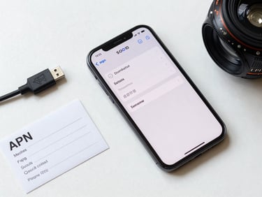 Overhead flat-lay of a smartphone beside a USB-C cable and a small printed APN settings card on a clean white surface, bright even studio lighting, crisp technical detail visible on the phone screen showing settings menu