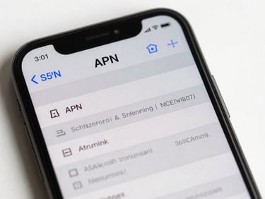 Close-up overhead shot of a smartphone screen displaying network APN settings menu, crisp studio lighting, white background, technical interface clearly visible