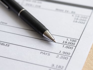 Extreme close-up macro shot of a printed monthly mobile phone bill on white paper, a pen resting diagonally across it, bright flat studio lighting, overhead view showing line items and totals in sharp focus