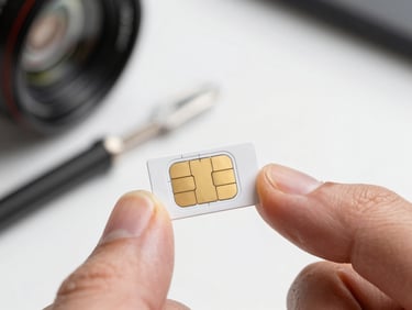 Close-up macro photograph of a nano SIM card held between two fingers over a white desk surface, gold contacts facing up, bright even studio lighting, shallow depth of field with the SIM tray tool visible blurred in the background
