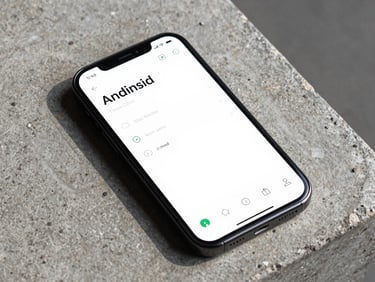 Android phone screen showing a simple utility app UI with clear typography and minimal controls, resting on a concrete surface, natural side-light, no studio setup
