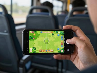 Android phone on a commuter bus seat showing a puzzle game screen mid-play, natural ambient transit light, hand partially visible holding the device