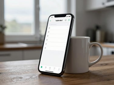 Android phone propped against a coffee mug on a kitchen table showing a habit-tracking app with a plain list interface, overcast window light, no studio styling