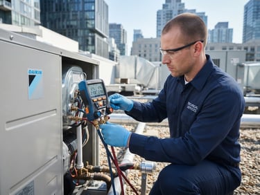 Sharp medium-close up of a certified technician in a clean navy uniform adjusting a digital manifold on a high-end VRF unit, bright crisp daylight, professional HVAC installation.