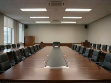 Wide shot of an empty secure conference room with a long table, government building interior, low ambient light through narrow windows, serious institutional atmosphere, no people