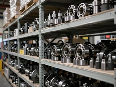 Wide shot of organized industrial warehouse interior, tall shelves filled with various machinery parts, focused on heavy-duty bearings and pneumatic fittings, high-contrast lighting, metallic textures.