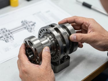 Close-up of an engineer's hands inspecting a complex, custom-machined industrial part on a workbench under bright task lighting, blueprint visible in background.