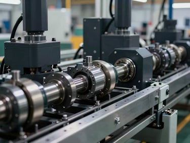 Dynamic shot of a modern industrial production line in action, machinery moving, sharp focus on components, deep charcoal and steel tones.