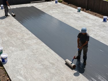 Overhead environmental shot of a concrete terrace deck mid-application, two workers with rollers applying SBR coating in parallel passes, product buckets at perimeter, harsh midday site light, large open surface