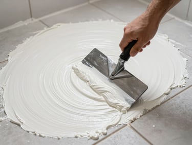 Overhead close-up of bathroom floor screed being coated with white SBR slurry, tile backer board visible at edge, flat studio strobe lighting, trowel mid-stroke