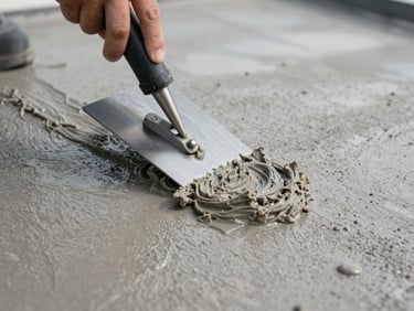 Extreme close-up overhead shot of SBR slurry being applied to a flat concrete roof deck, wet coating spreading under a steel trowel, neutral daylight, no shadows