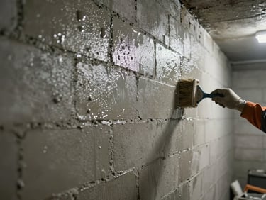Angled close-up of a basement wall interior receiving SBR waterproofing coat, worker's brush visible at right edge, damp concrete surface, harsh artificial site lighting, moisture visible on block wall