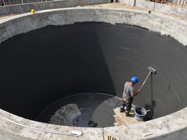 Wide angled shot inside a concrete water tank under construction, worker applying SBR coating to internal wall surface with a brush, bucket at feet, neutral site daylight from open top