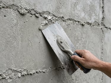 Close-up of exterior concrete wall surface receiving SBR plaster coat, trowel held at sharp angle, rough masonry texture visible, overcast daylight, mortar wet and grey