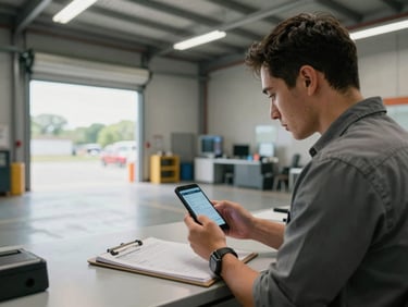 Medium wide shot, overhead warehouse work lights — coordinator at a dispatch station holding an Android phone, clipboard and printed manifests on the table beside them, loading area visible through a open roller door in the background, natural mixed light