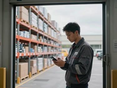 Medium shot, overcast daylight from a loading bay door — warehouse worker scanning a barcode on a shelf unit with an Android device, inventory shelving rows receding behind them, natural diffuse light, no studio fill