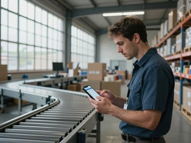 Wide shot of a distribution center floor under overcast daylight filtering through high clerestory windows, a logistics coordinator holding an Android phone reviewing a scan confirmation screen beside a conveyor line, inventory shelves receding into the background, honest overhead work lighting, no studio setup