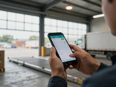 Medium shot, natural daylight through a wide warehouse window — a logistics worker's hands holding an Android phone, the screen showing a live route list, loading dock ramp and parked truck visible out of focus in the background, overhead work lights casting warm ambient fill