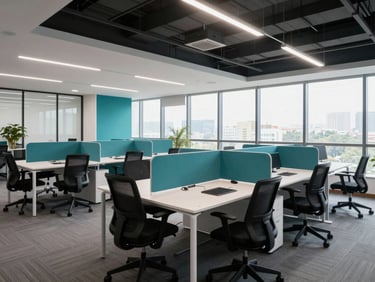 Bright modern office interior in Mohali with technical teal accents, collaborative long tables, ergonomic chairs, natural window light