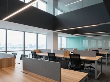 Modern collaborative office zone with minimalist wooden tables, glass partitions, and cool-toned architectural lighting, sharp focus