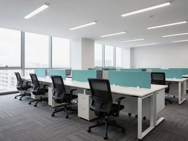 Bright, empty fully furnished office interior with rows of white desks and ergonomic chairs, cool teal accents, natural window light