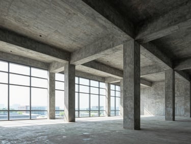 Wide-angle architectural shot of a raw concrete office shell with exposed pillars and high ceilings, bright natural daylight streaming through massive windows