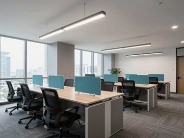 Premium fully furnished office interior in IT City Mohali, modern desks with ergonomic chairs, neat cable management, cool architectural lighting, bright and clean