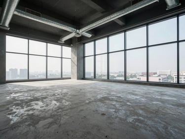 Interior of a raw commercial office space in Mohali, unfinished concrete floor, exposed steel ductwork on high ceiling, massive floor-to-ceiling windows with bright natural daylight, wide angle