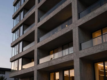Low-key dramatic shot of a modern architectural estate facade at dusk, warm lighting, concrete and glass details.