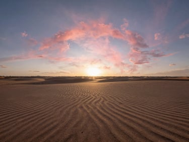 Low-angle panoramic shot of expansive raw desert land at golden hour, dramatic low horizon, vast sky with soft pink clouds, high-contrast shadows.