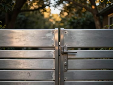 Low-contrast close-up of a brushed steel gate opening into a private estate, soft golden light filtering through dense trees.