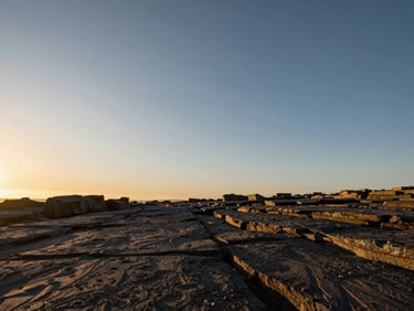 Low-angle wide shot of raw coastal land at golden hour, expansive sky, dramatic rugged terrain.