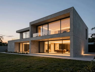 Wide environmental shot of a modern concrete architectural villa at dusk, warm interior lights glowing, clean lines, negative space on the left.