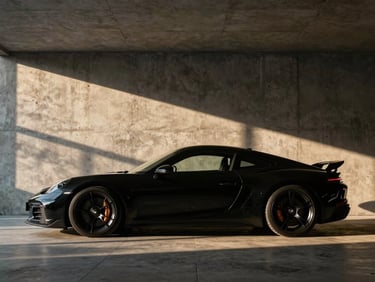 Low-key dramatic silhouette of a luxury performance vehicle in a minimalist concrete garage, sharp architectural shadows, golden hour light filtering in.