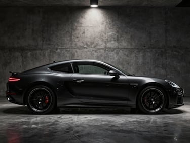Sleek silhouette of a luxury performance vehicle in a dark concrete showroom, dramatic spotlight highlighting the roofline.