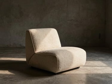 A single minimalist lounge chair in textured cream bouclé fabric, positioned in an empty concrete room with warm ambient side-light, deep shadows.