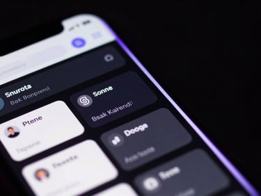 Macro shot of a financial app UI on a smartphone screen, purple neon edge-lights, dark moody background, high-contrast