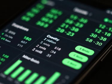 Extreme close-up of a high-resolution phone screen showing a sleek financial utility app with neon green data visualizations.