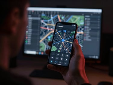 Over-the-shoulder view of a developer testing a dark-mode mapping interface on a physical phone, low-key studio lighting