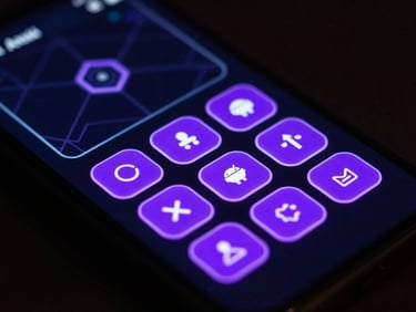 Macro shot of a modern Android phone screen displaying a dark cyberpunk-themed strategy game interface with glowing neon purple buttons.