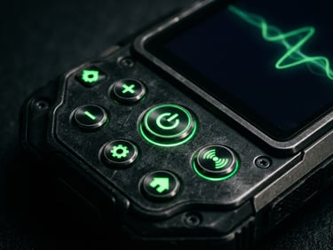 High-contrast macro shot of a physical Android device displaying custom tactile UI buttons with neon green highlights, low-key dark studio atmosphere.