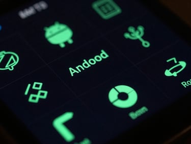 Extreme close-up of a dark-mode IoT controller interface on an Android device, green neon lighting, sharp macro details