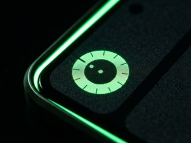 Extreme close-up macro shot of a custom Android UI on a physical screen, vibrant green neon edge-lights casting sharp highlights, low-key dark studio atmosphere, high-contrast tech photography, 50mm lens