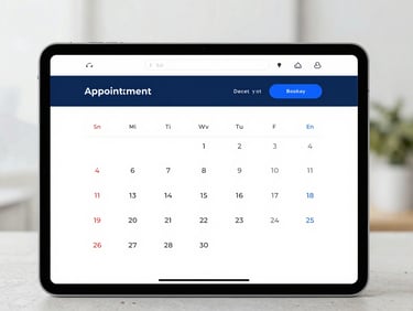 Straight-on mockup of an appointment booking website on a tablet screen, clean calendar interface, soft daylight, blue accents