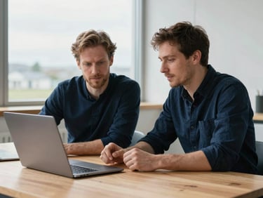 An environmental portrait of two professional web designers collaborating over a clean wooden desk, natural overcast window light, Isle of Man studio setting