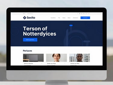 Straight-on mockup of a professional services website on a desktop screen, clean typography, soft daylight, navy accents