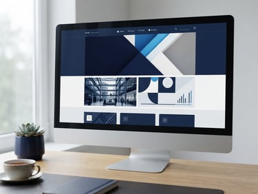 Straight-on clean mockup of a modern business website on a desktop screen, bright natural overcast daylight, soft shadows, deep navy accents
