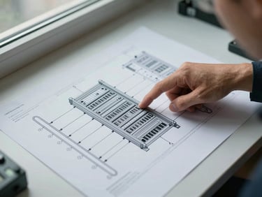 Flat-lay overhead of printed network schematics and cable diagrams on a clean surface, a technician's hand pointing to a labeled rack diagram, cool daylight from a nearby window, no people visible beyond the hand