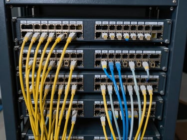 Overhead shot of a network switch with patch cables organized in a structured rack cabinet, cool studio lighting revealing connector labels and cable ties, technical precision visible in every detail