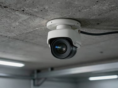 Security camera mounted flush to a concrete ceiling in an industrial facility, cool overhead lighting, lens detail sharp, wiring entering conduit above, wide-angle framing revealing the installation environment